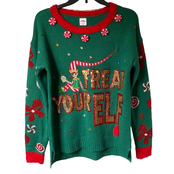 Ugly Christmas Sweater Sweaters - Holiday Time red and green Treat Your Elf ugly Christmas sweater small 4-6